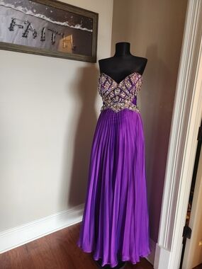 Tony Bowls Strapless Purple Beaded Pleated Evening Gown